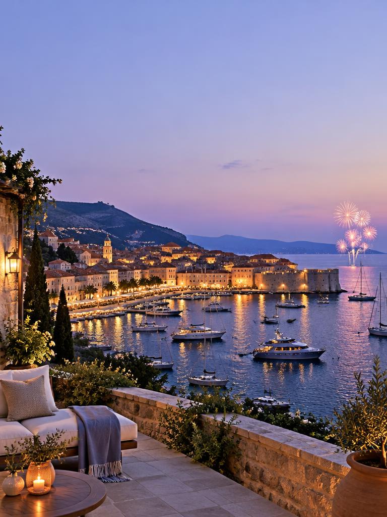 Illustrative Mediterranean harbour at dusk with festive fireworks